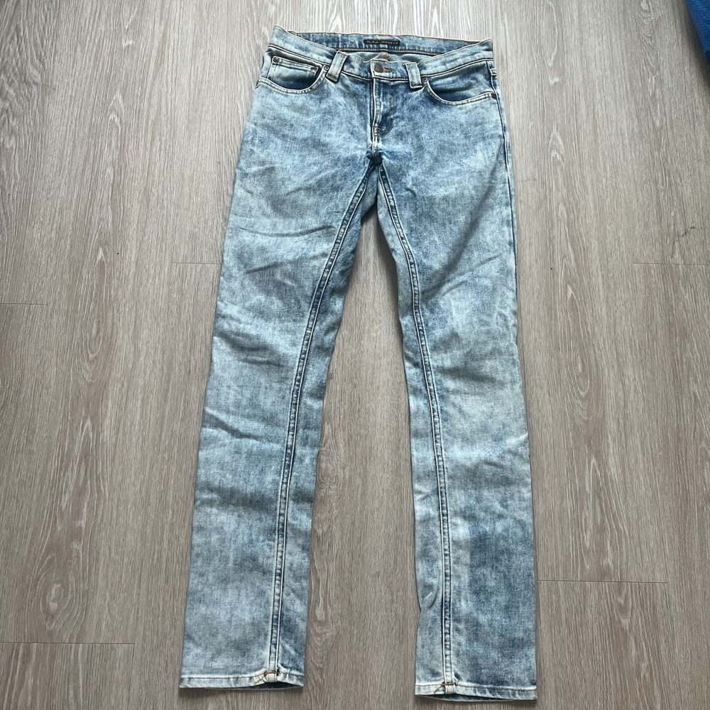Vintage Nudie Jeans Womens 29 Blue Denim Tight‎ Long John Acid Wash Size 29x32